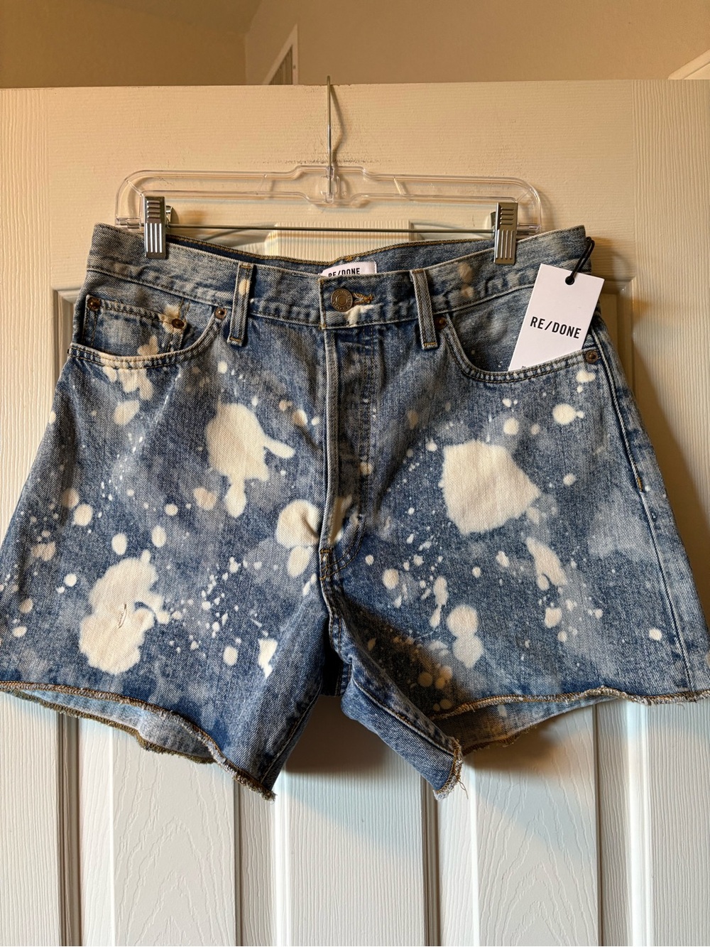 Re/Done 70’s Ultra High Rise Stove Pipe bleach splashed Jean shorts size 30?